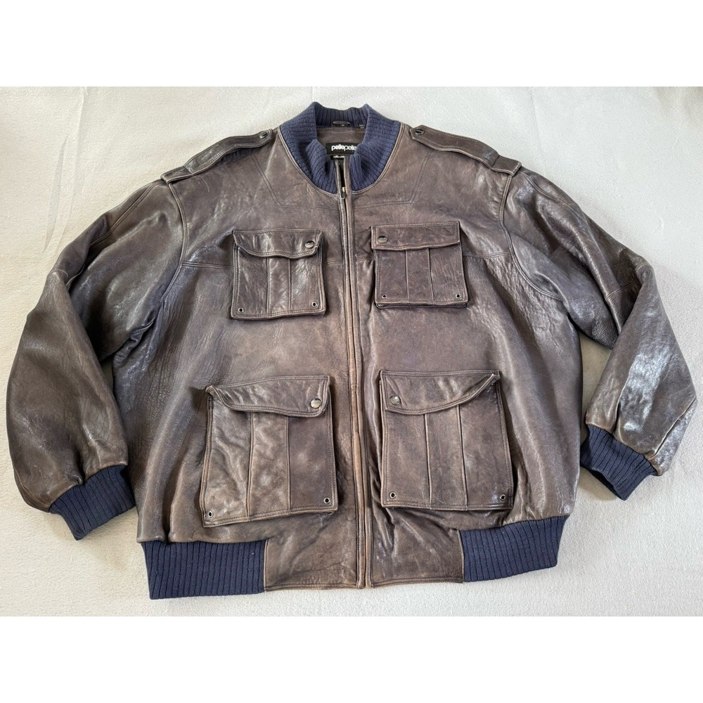 Pelle Pelle Marc Buchanan Leather Bomber Jacket 56 4 Pocket Distressed Brown Y2K